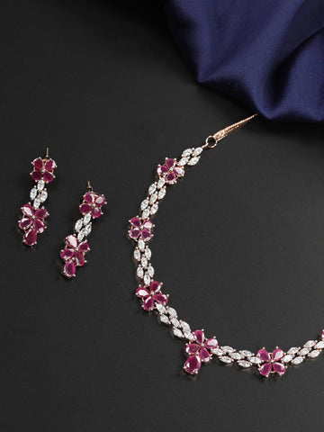 Radiant Ruby-Floral American Diamond Rose Gold Jewellery Set