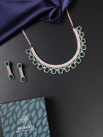 Emerald American Diamond Rose Gold Plated Jewellery Set
