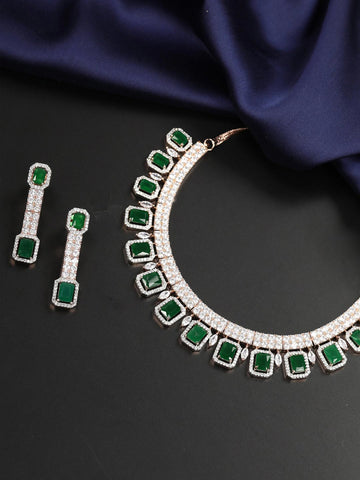 Emerald American Diamond Rose Gold Plated Jewellery Set