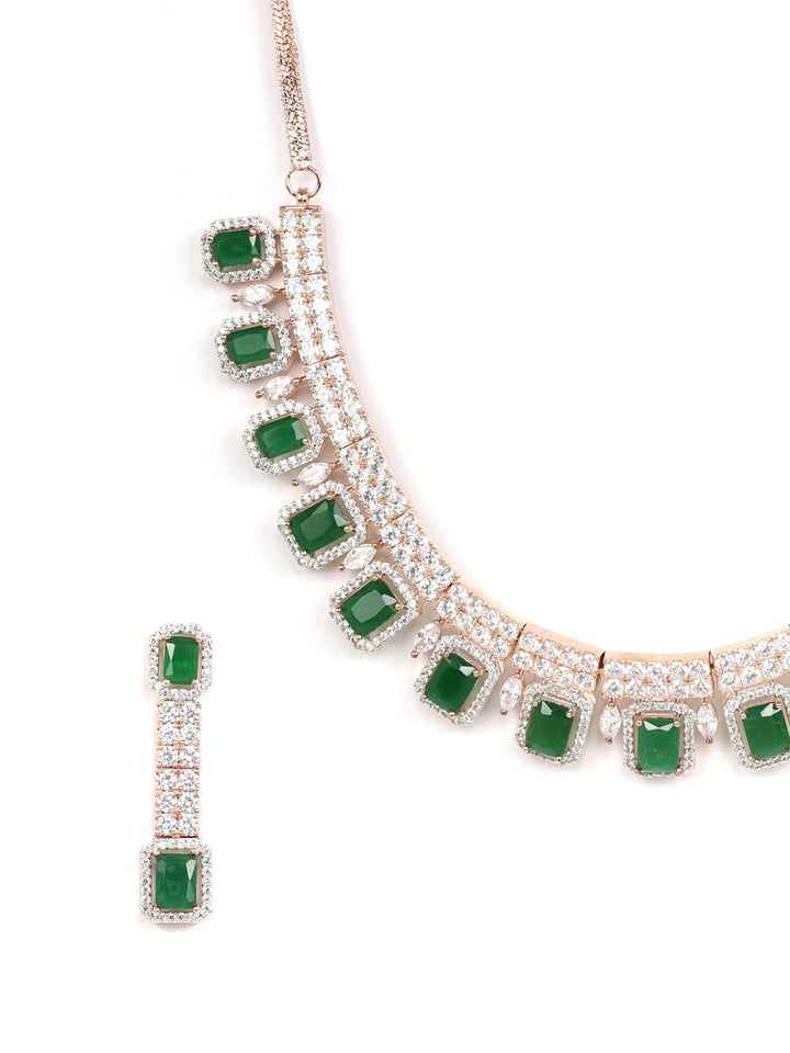 Emerald American Diamond Rose Gold Plated Jewellery Set