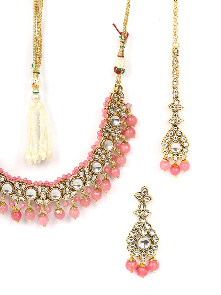 Pink Beads Pearls Kundan Gold Plated Jewellery Set with Maang Tikka