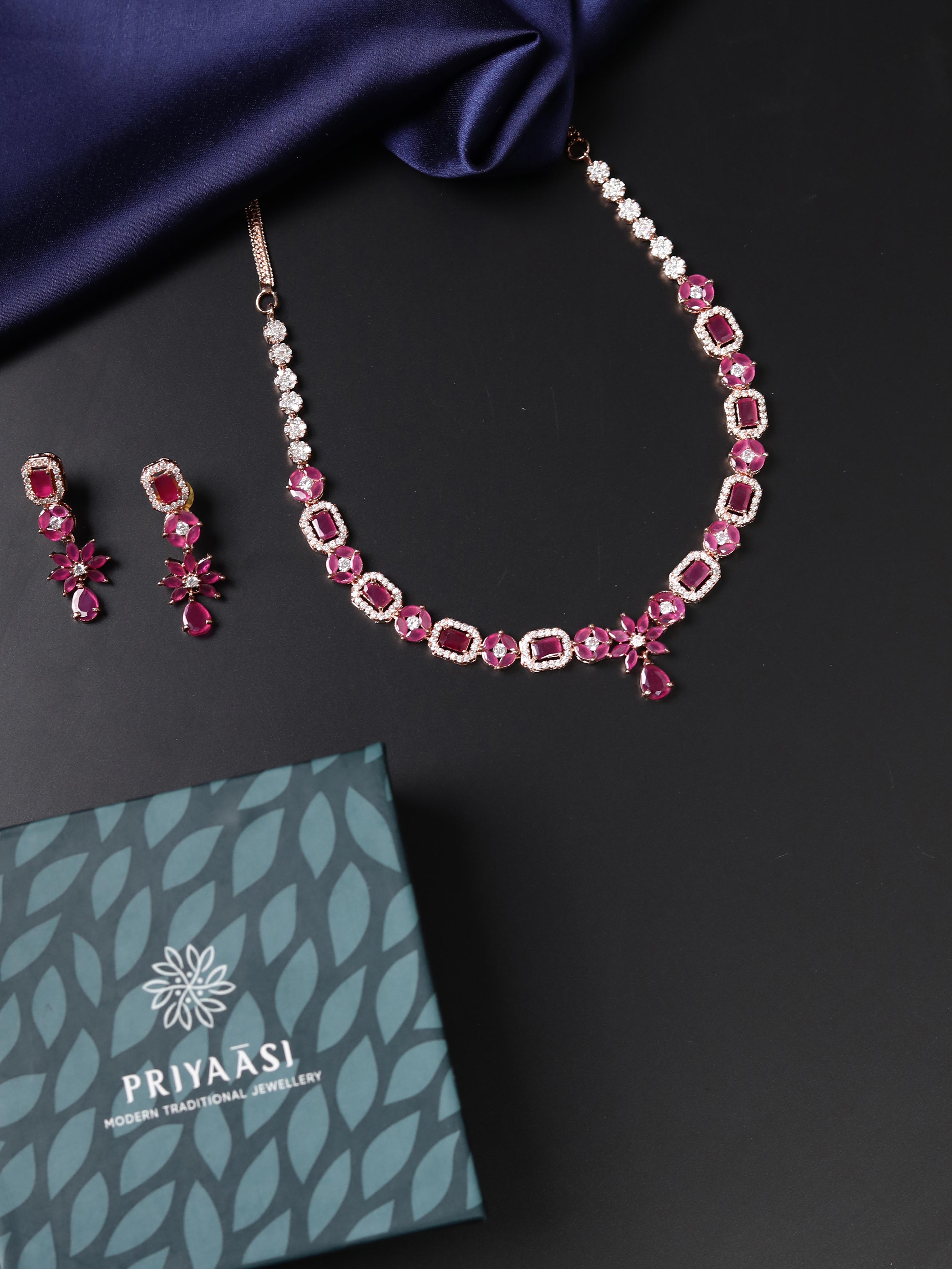 Ruby American Diamond Rose Gold Plated Jewellery Set Priyaasi
