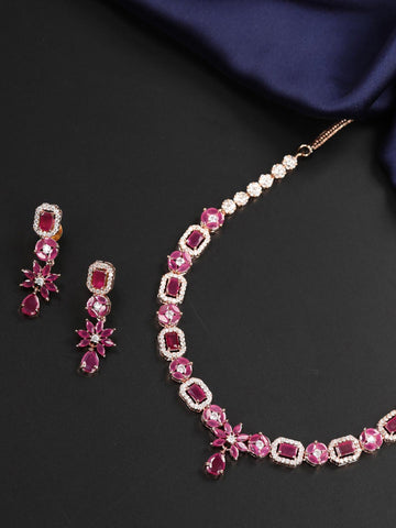 Ruby American Diamond Rose Gold Plated Jewellery Set