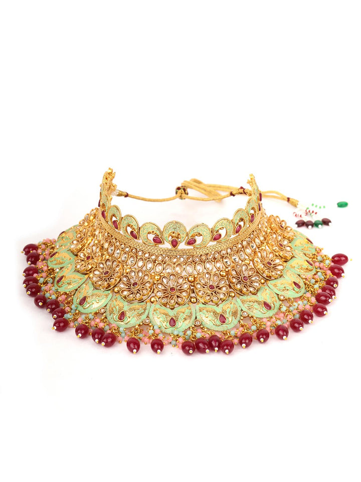 Ruby Kundan Beads Pearls Gold Plated Bridal Jewellery Set
