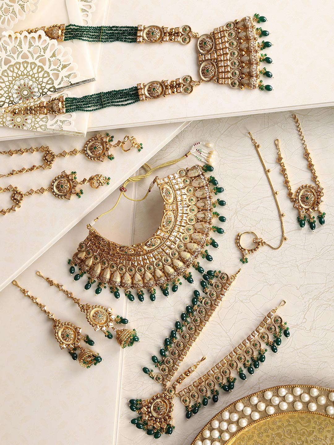 Green Beads Pearls Kundan Gold Plated Bridal Jewellery Set – Priyaasi