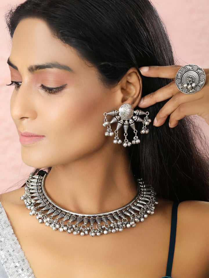 Ghungroo Silver Plated Jewellery Set with Ring