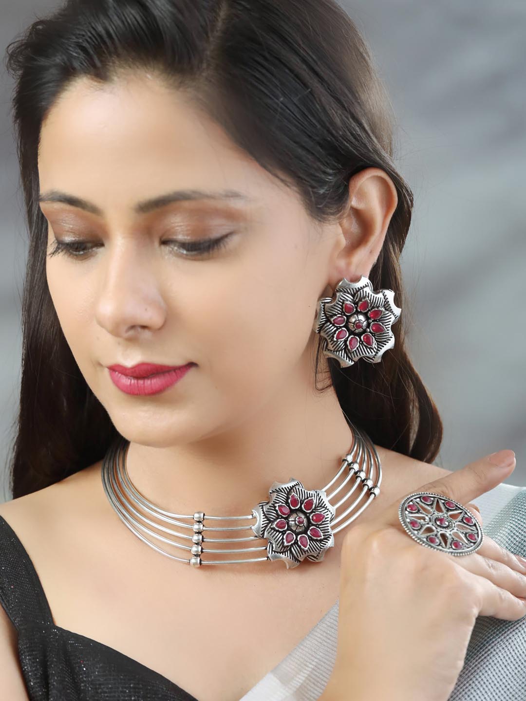 Kundan German Silver Plated Jewellery Set with Ring