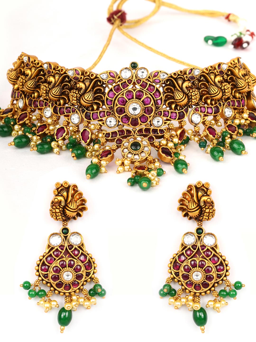 Green Pearls Beads Ruby Stones Gold Plated Peacock Choker