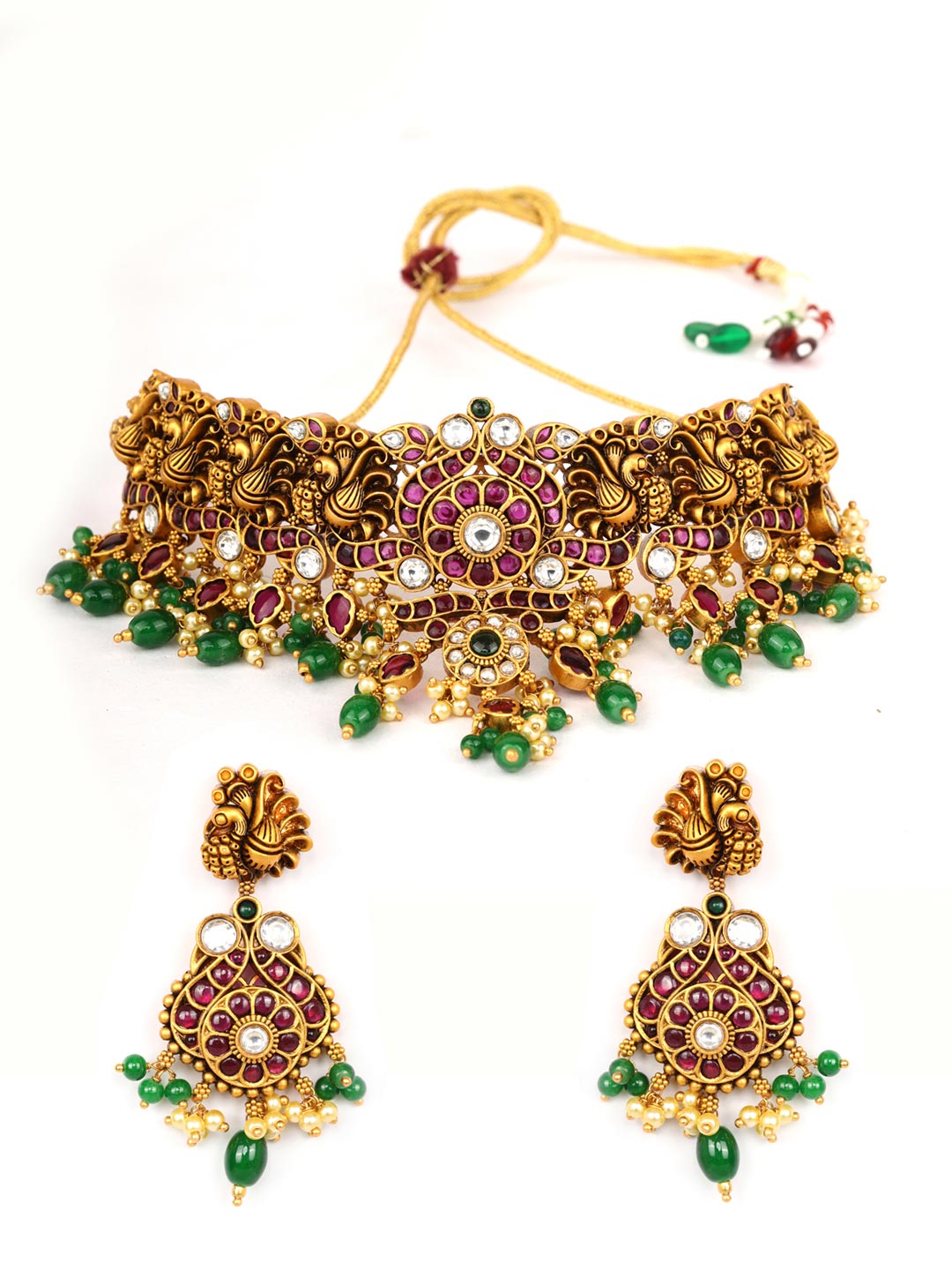 Green Pearls Beads Ruby Stones Gold Plated Peacock Choker