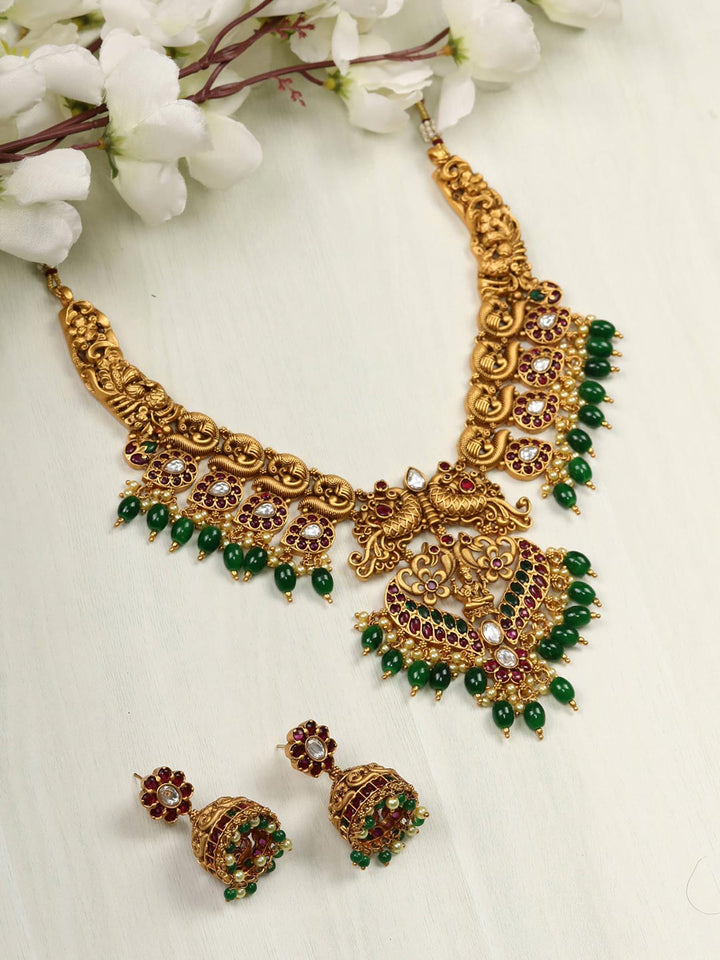 Emerald Ruby Pearls Beads Stones Gold Plated Peacock Choker Set