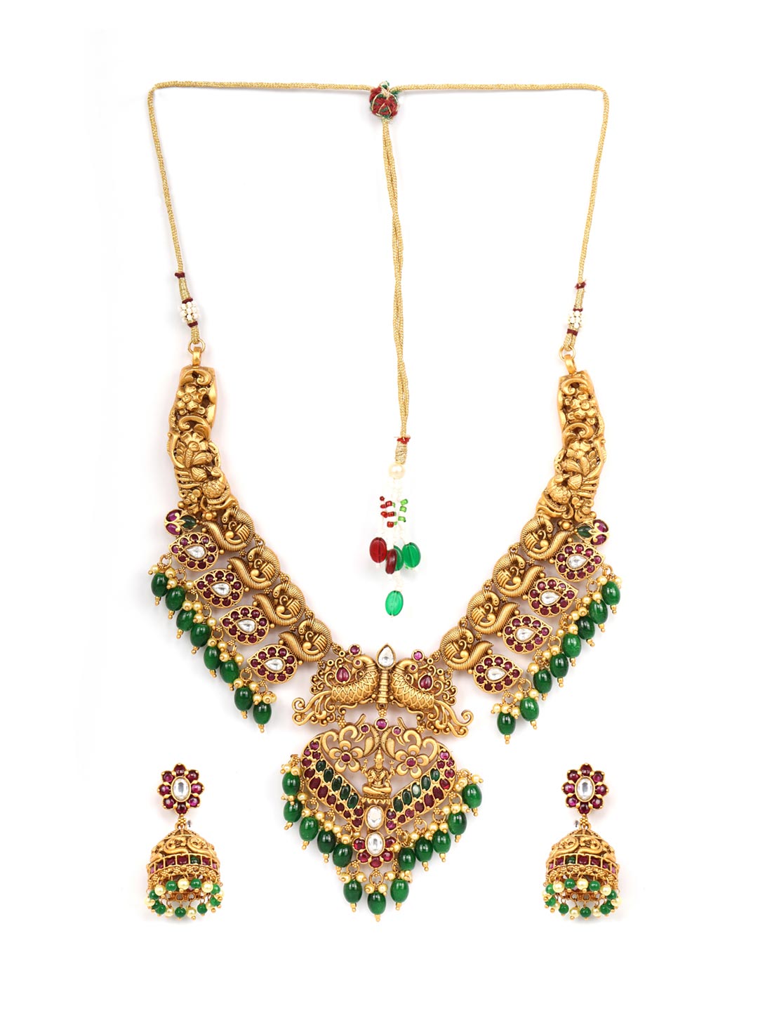 Emerald Ruby Pearls Beads Stones Gold Plated Peacock Choker Set