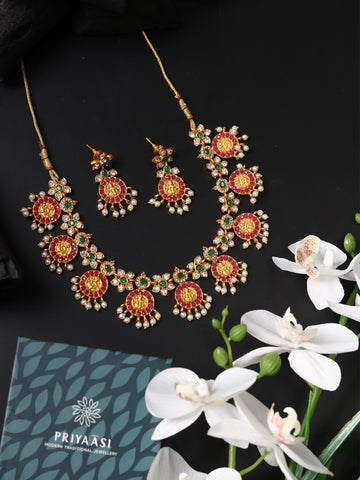 Ruby Beads Stones Gold Plated Temple Jewellery Set