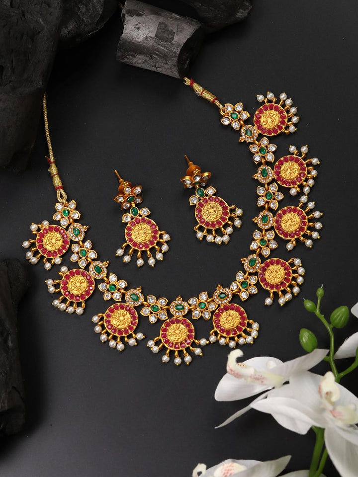 Ruby Beads Stones Gold Plated Temple Jewellery Set