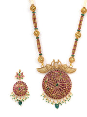 Alankar-Multi-Color Beads Pearls Ruby Gold Plated Peacock Jewellery Set