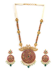 Alankar-Multi-Color Beads Pearls Ruby Gold Plated Peacock Jewellery Set