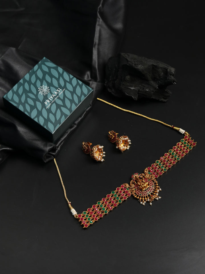 Shakti - Ruby Emerald Beads Gold Plated Choker Set