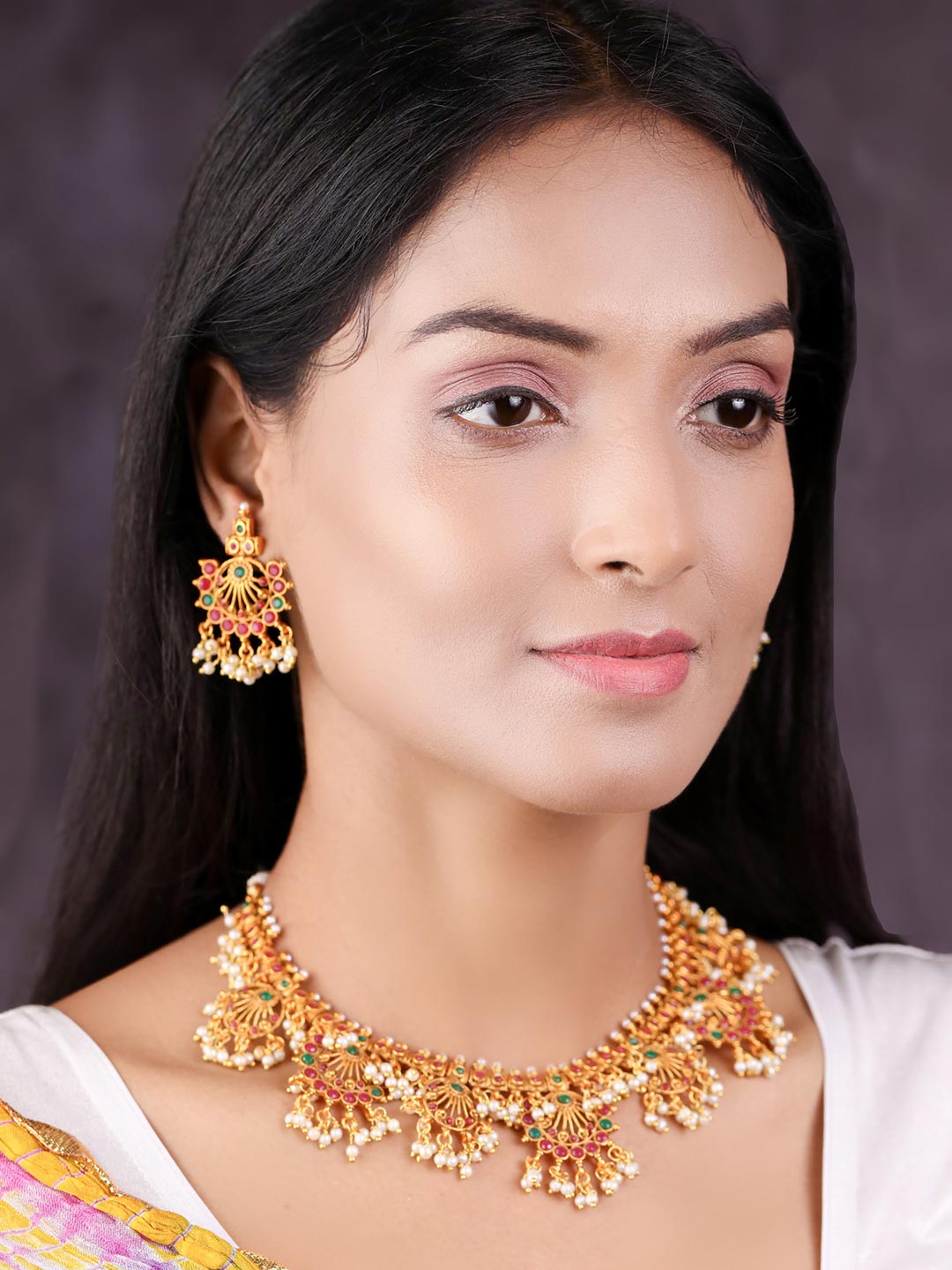 Srinagar Ras - Ruby Emerald Beads Gold Plated Jewellery Set