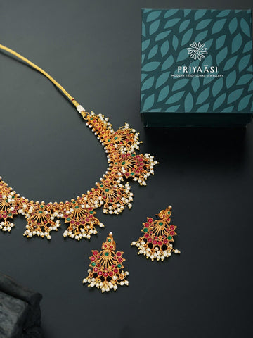 Srinagar Ras - Ruby Emerald Beads Gold Plated Jewellery Set