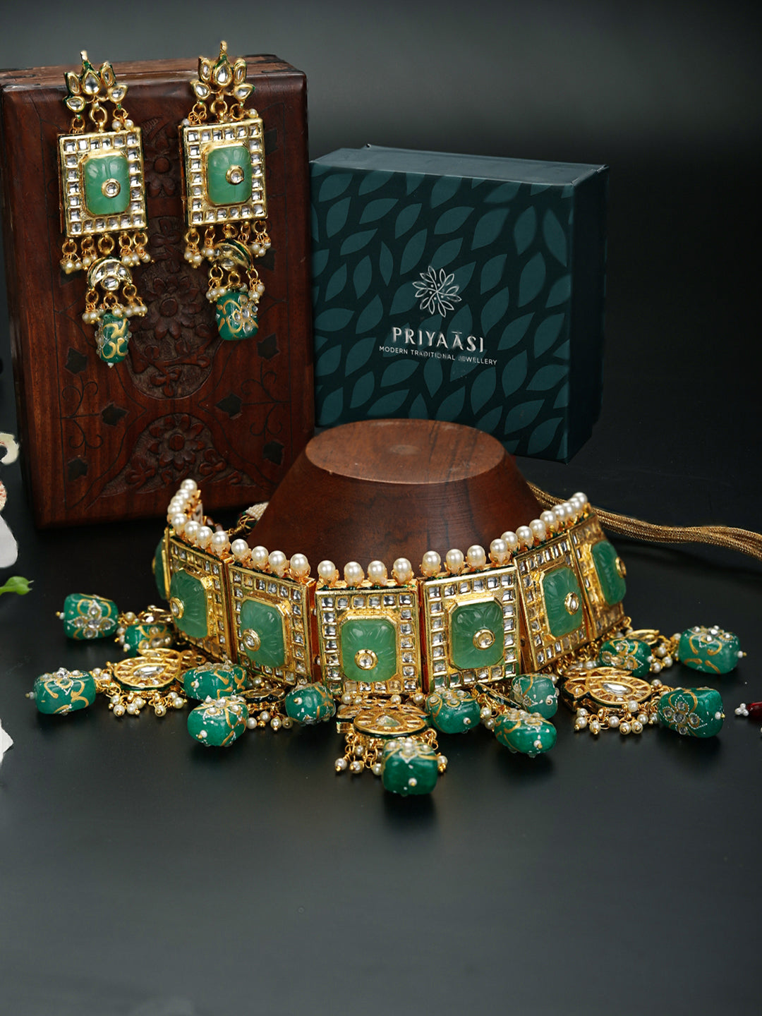 Mint Green Stones Pearls Beads Kundan Gold Plated Choker Set