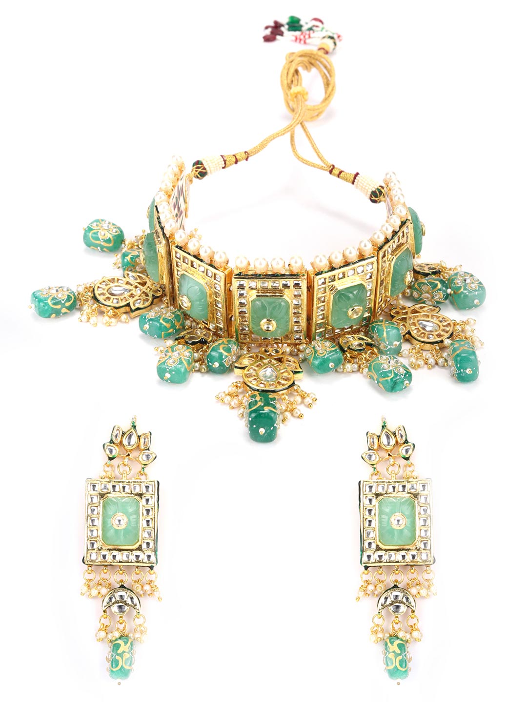 Mint Green Stones Pearls Beads Kundan Gold Plated Choker Set