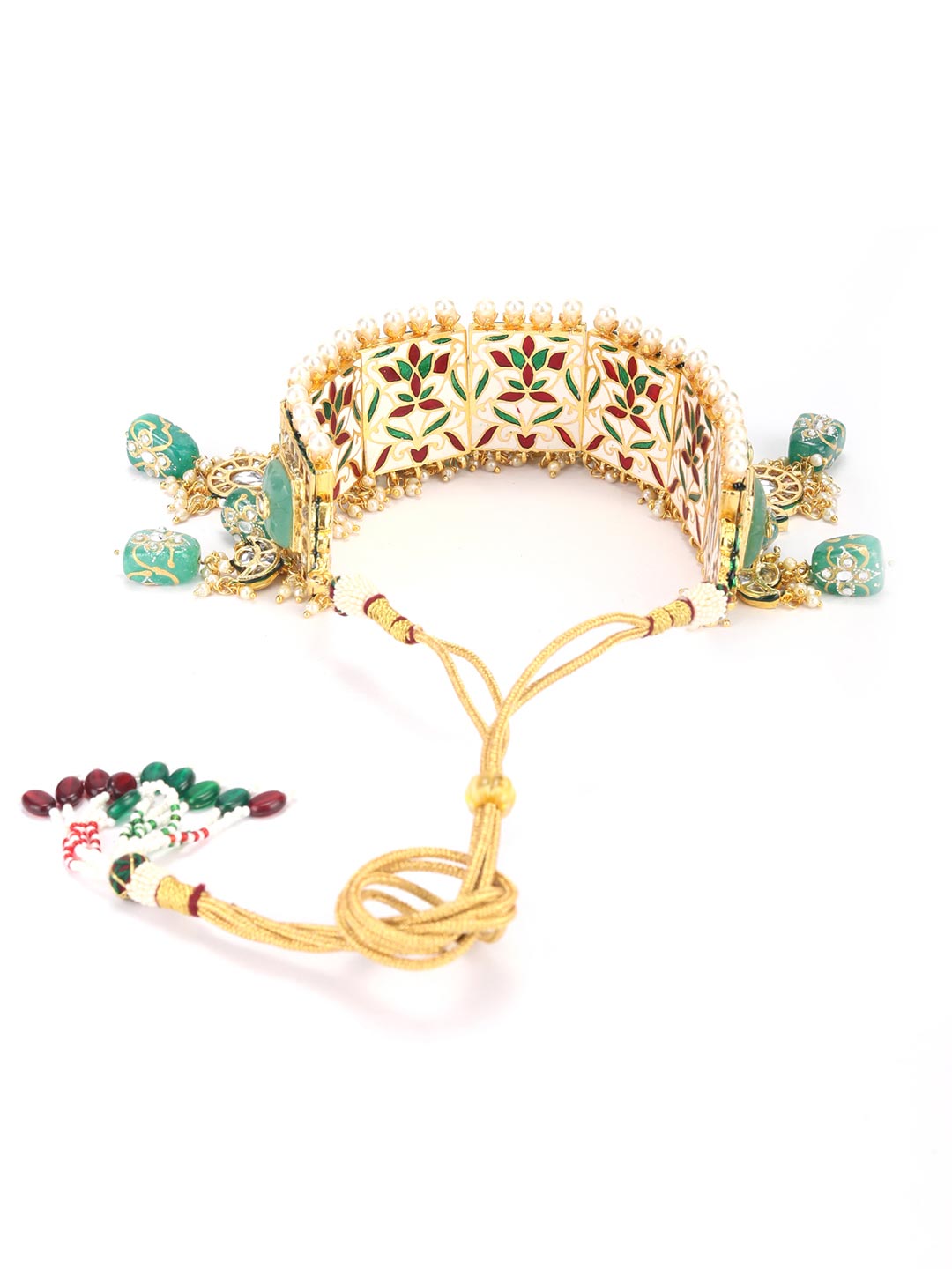 Mint Green Stones Pearls Beads Kundan Gold Plated Choker Set