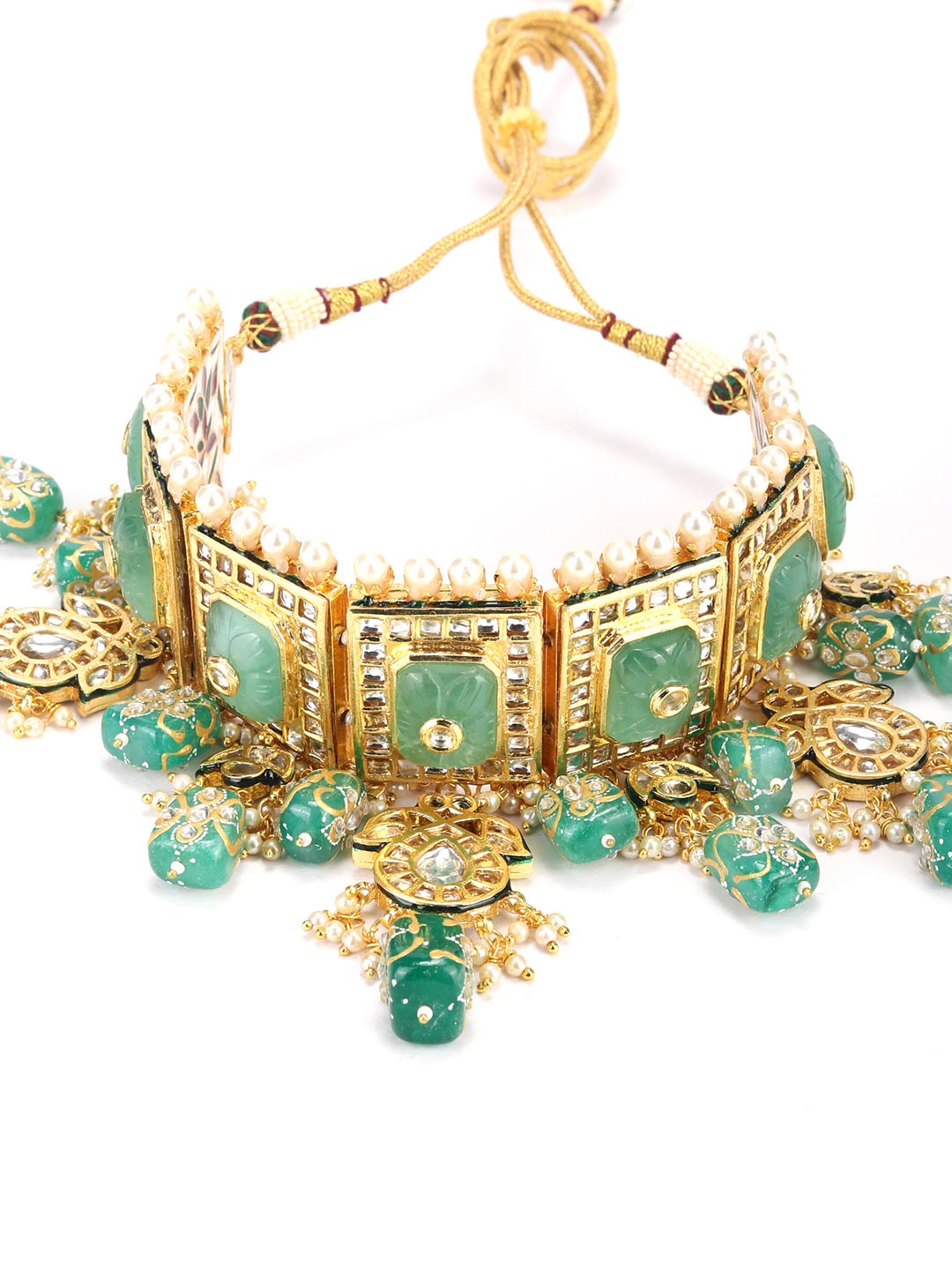 Mint Green Stones Pearls Beads Kundan Gold Plated Choker Set