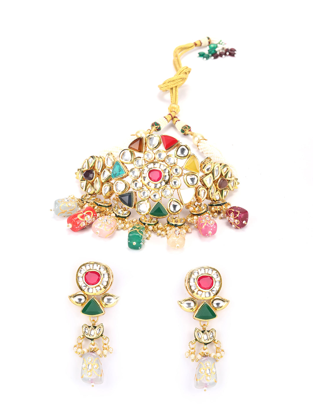 Multi-Color Pearls Beads Stones Kundan Gold Plated Choker Set