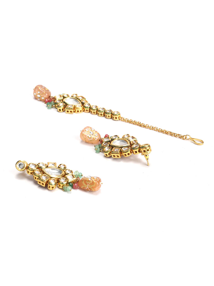 Peach Pearls Beads Kundan Gold Plated Choker Set with MaangTikka