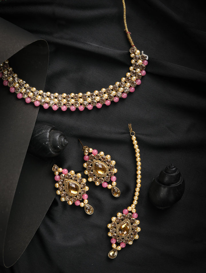 Pink Kundan Pearls Gold Plated Jewellery Set with MaangTikka