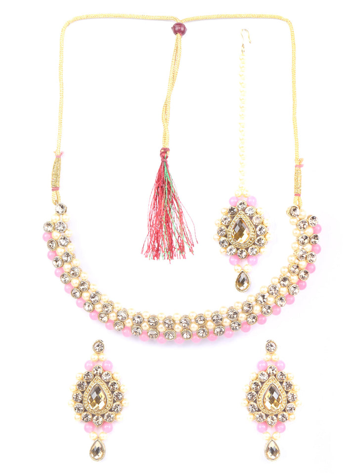 Pink Kundan Pearls Gold Plated Jewellery Set with MaangTikka