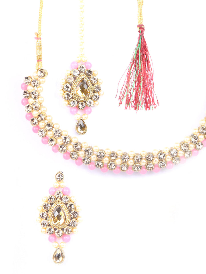 Pink Kundan Pearls Gold Plated Jewellery Set with MaangTikka