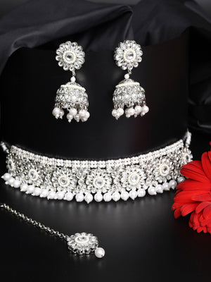 Kundan Beads Pearls Silver Plated Floral Choker Set with MaangTikka