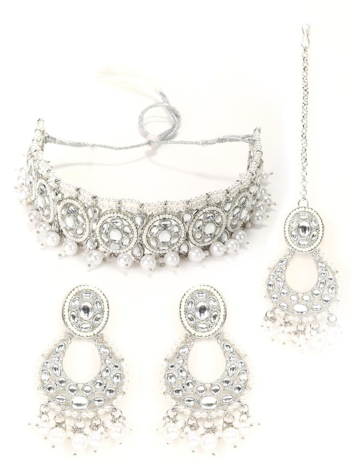 Kundan Pearls Beads Silver Plated Choker Set with MaangTikka