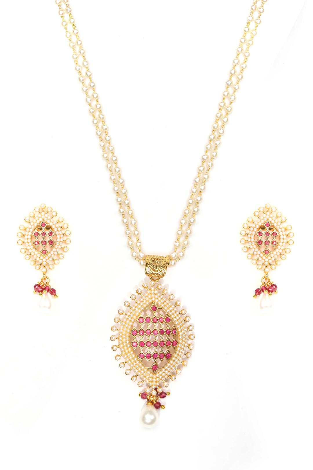 White Beads Ruby Gold Plated Pendant Set