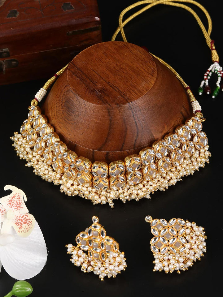 Grey Stones Kundan Beads Gold Plated Choker Set
