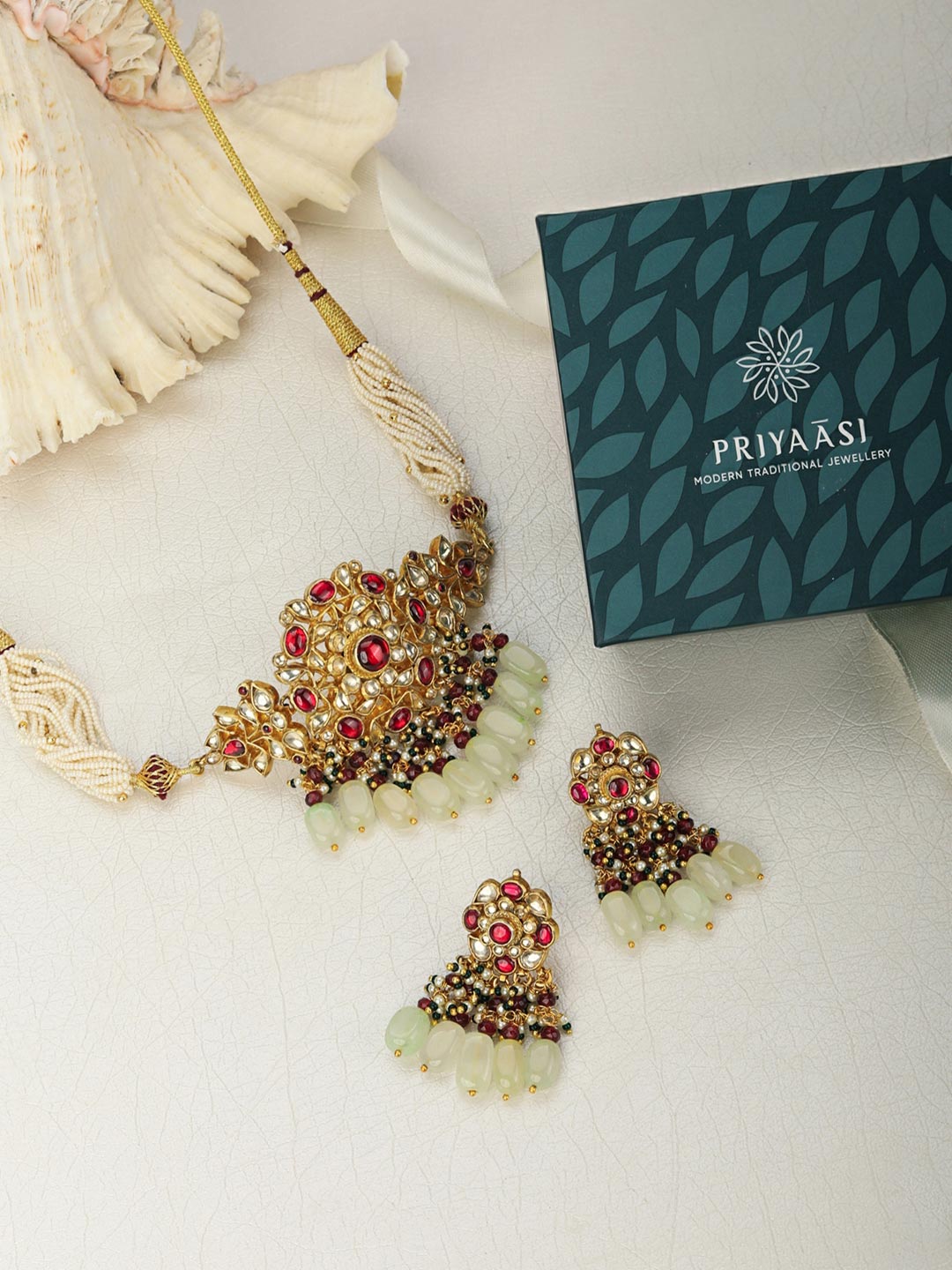 Sahiba-White Pearls Beads Ruby Pachi Kundan Gold Plated Choker Set