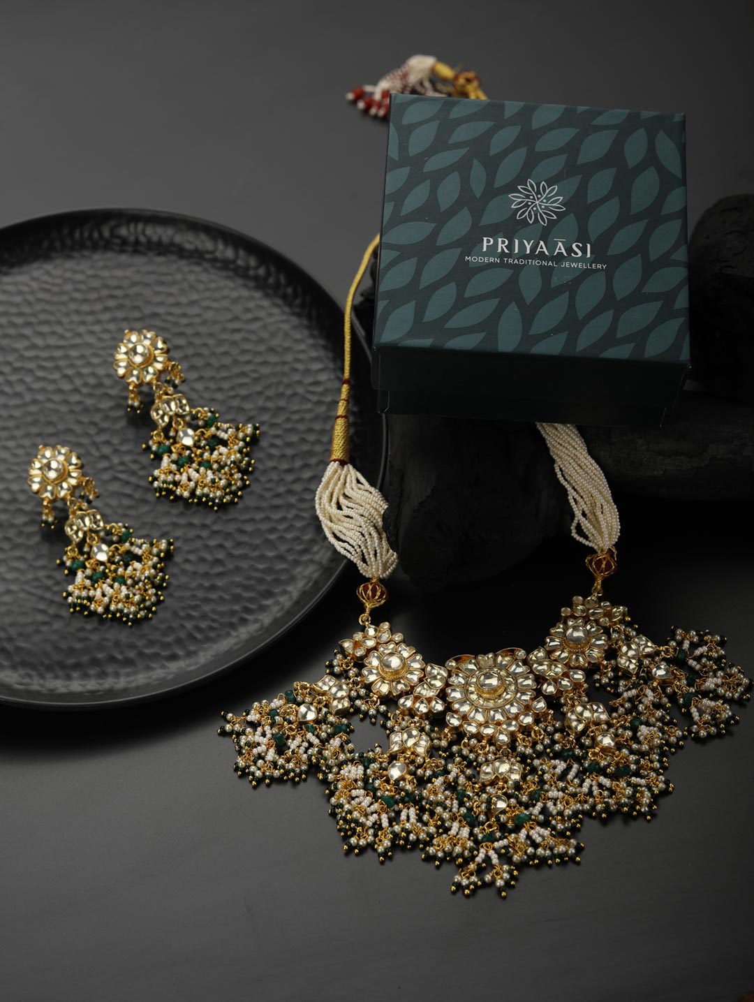 Chunky Tale - Pachi Kundan White Beads Gold Plated Jewellery Set