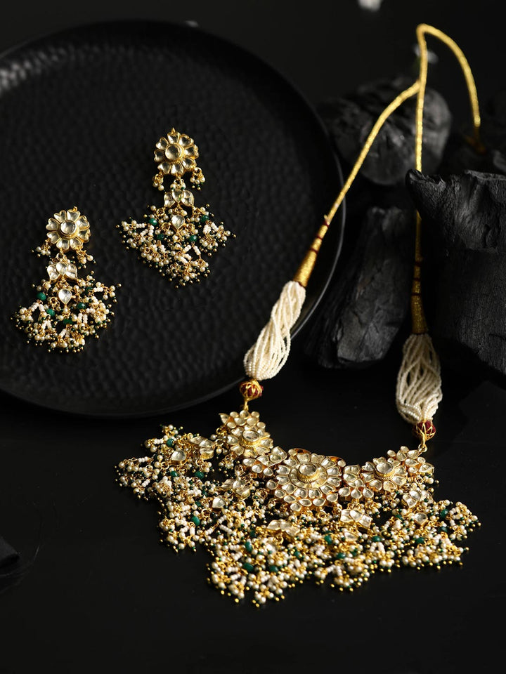 Chunky Tale - Pachi Kundan White Beads Gold Plated Jewellery Set