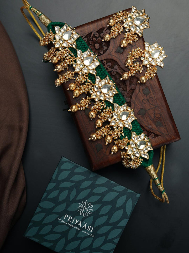 Gul Bahaar - Green Thread Pearls Bead Pachi Kundan Gold Plated Lotus Choker Set
