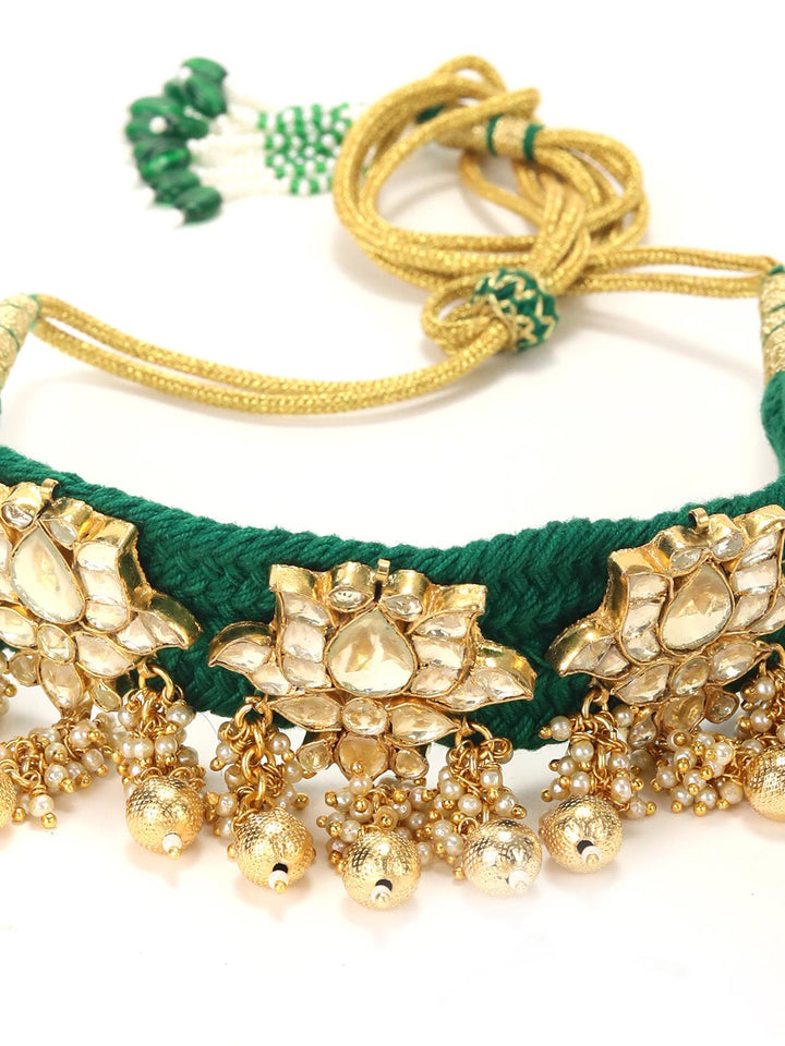 Gul Bahaar - Green Thread Pearls Bead Pachi Kundan Gold Plated Lotus Choker Set