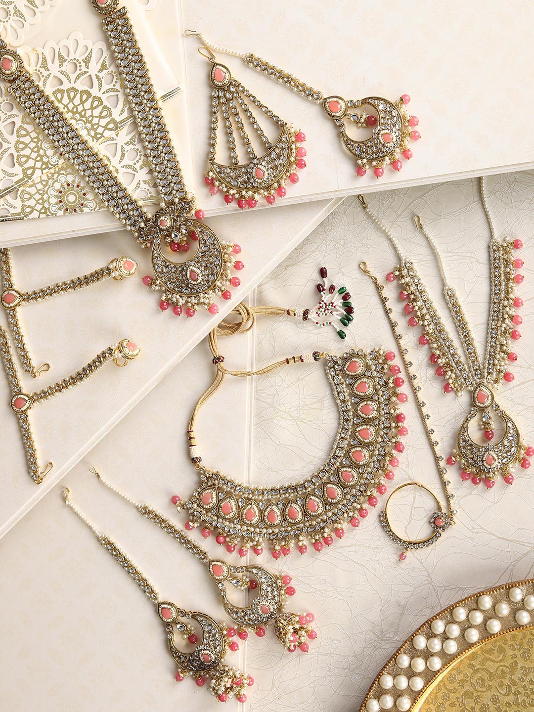 Pink Stones Beads Pearls Kundan Gold Plated Bridal Jewellery Set ...