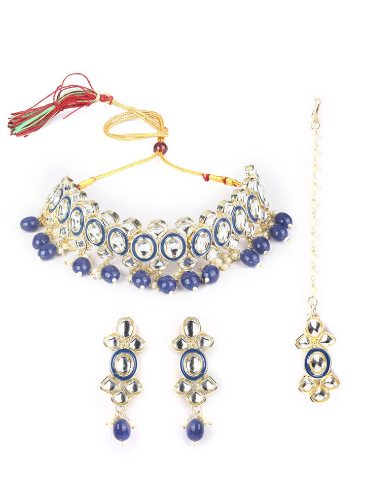 Blue Pearls Kundan Gold Plated Choker Set with MaangTikka