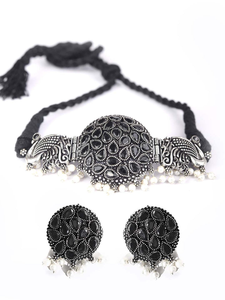 Black Stones Pearls Silver Plated Peacock Choker Set