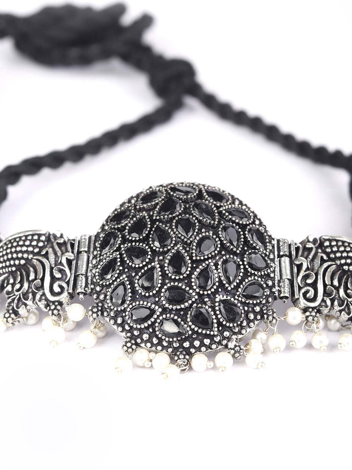 Black Stones Pearls Silver Plated Peacock Choker Set