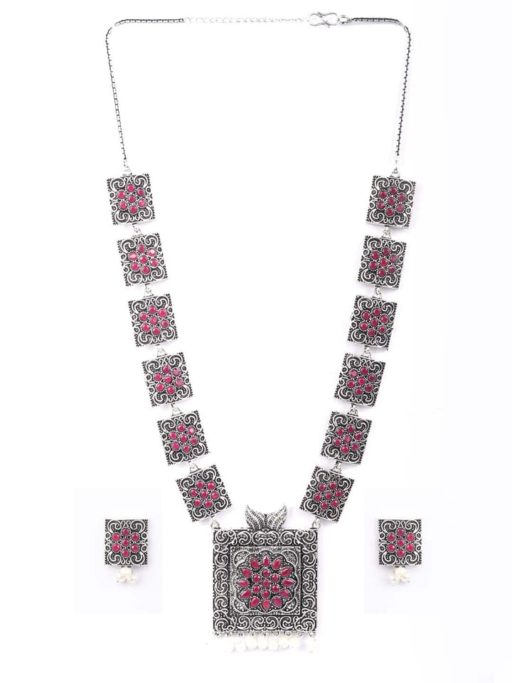 Flower Blocked - Ruby German Silver Plated Jewellery Set
