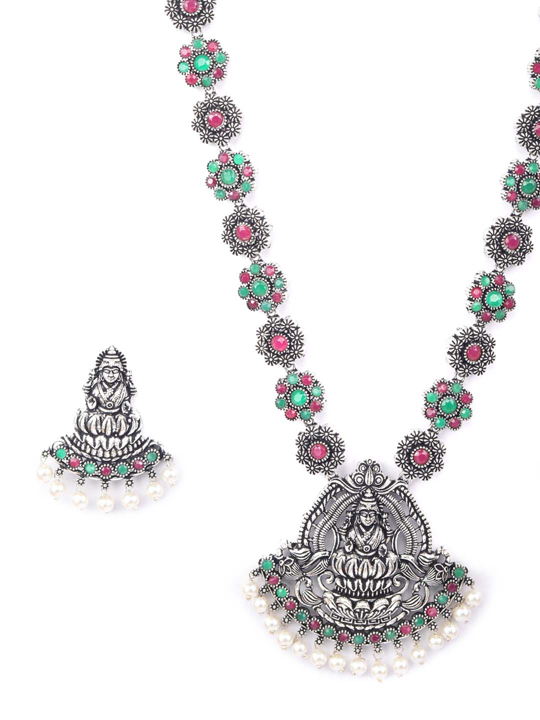 Ruby Emerald Pearls Silver Plated Temple Jewellery Set