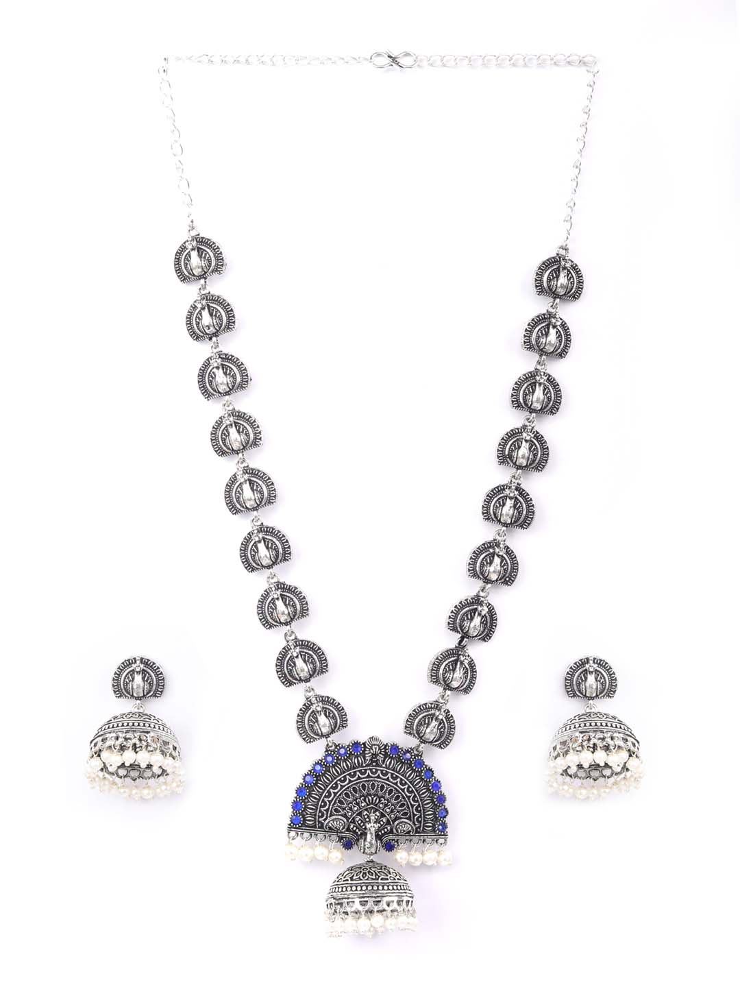 Blue Stones Silver Plated Peacock Jewellery Set