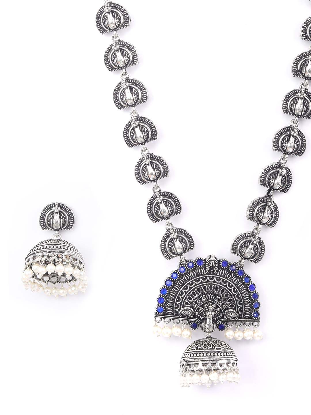 Blue Stones Silver Plated Peacock Jewellery Set