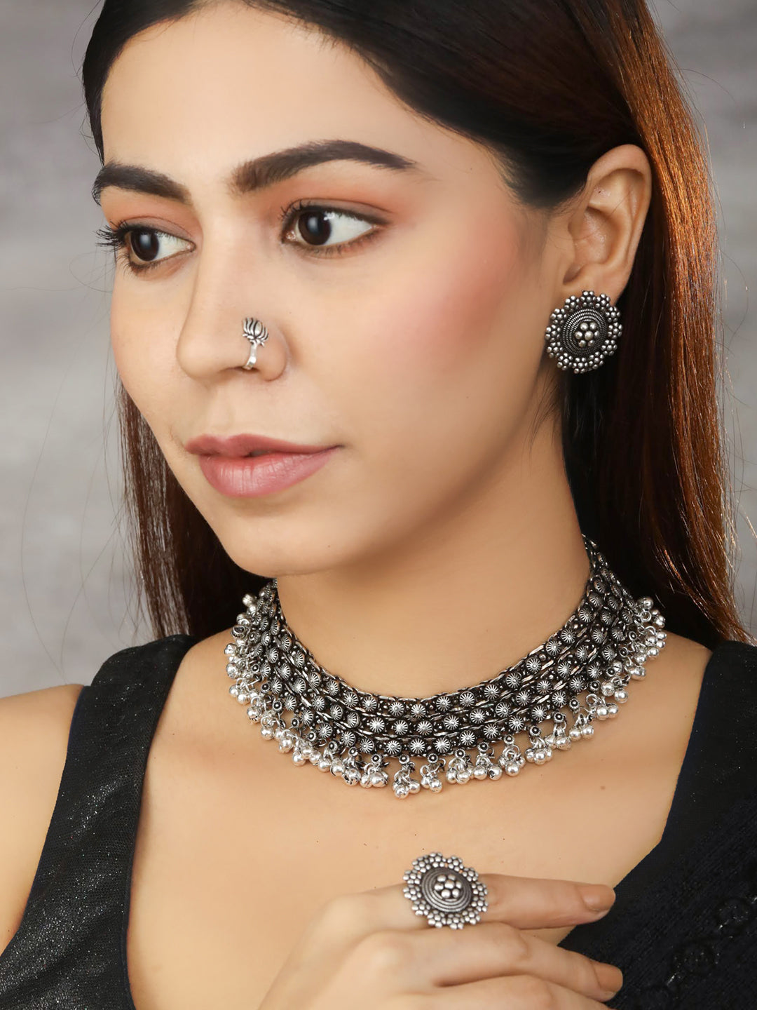 Silver Plated Choker Set with Ring and NosePin