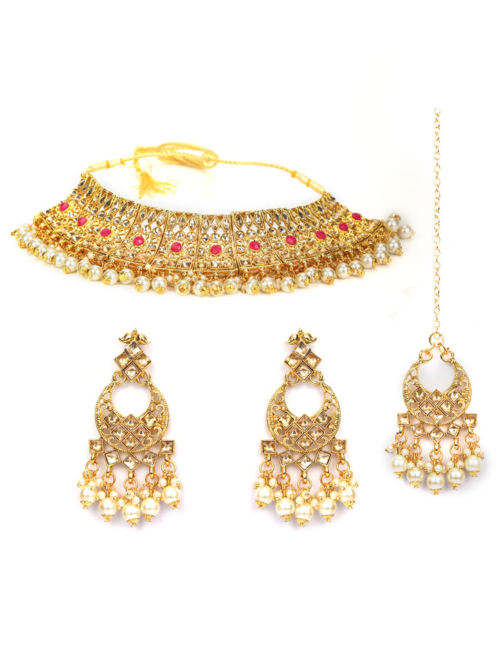 Red Gold Plated Kundan Jewellery Set